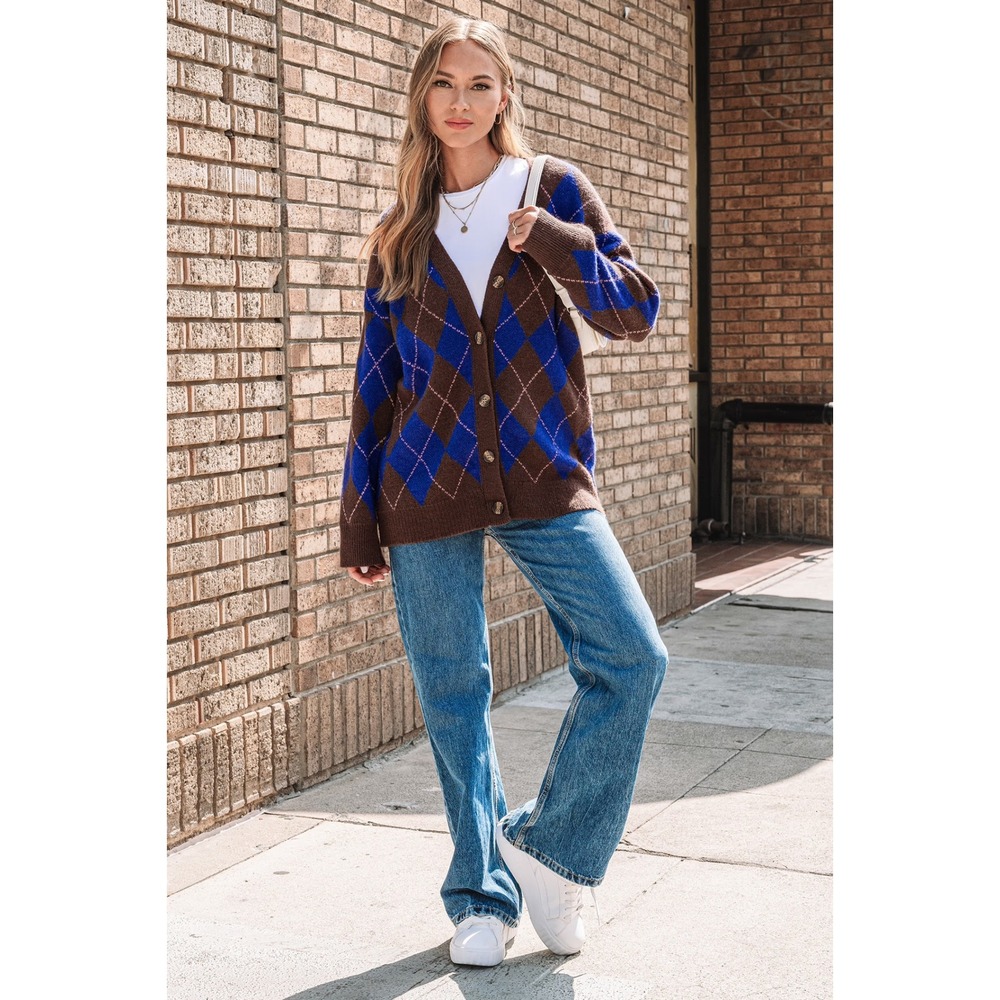 Cupshe Brown Blue Argyle Oversized V-Neck Button Cardigan Sweater - Picture 2 of 7